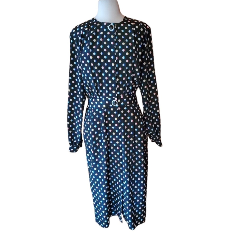 1970s Leslie Fay Black & White Colored Polka‎ Dot D